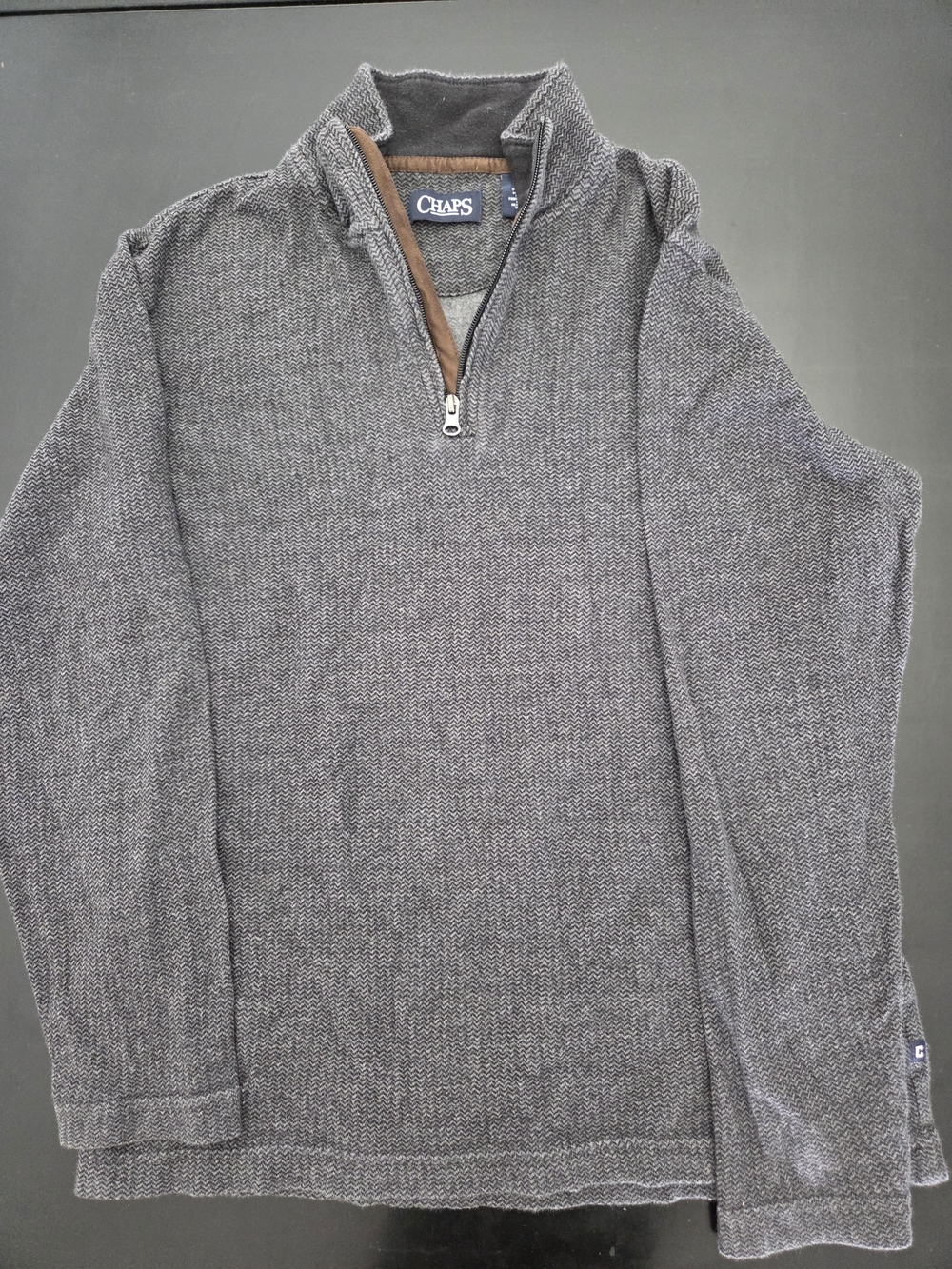 Chaps Men's Charcoal Gray Half-Zip Pullover with Brown Trim